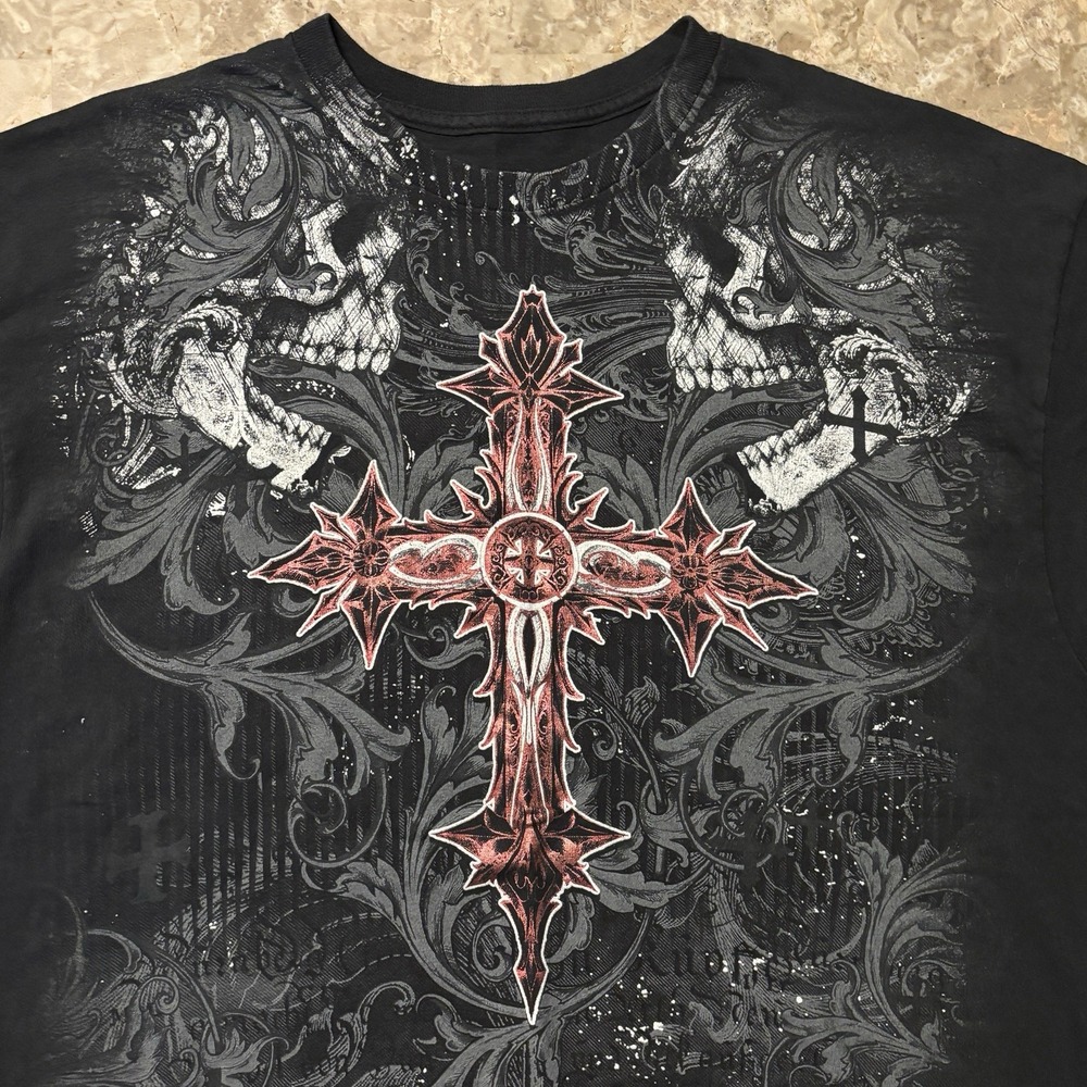 MMA Elite Shirt Mens 2XL Black Short Sleeve Tee Two Sided Skulls Crosses